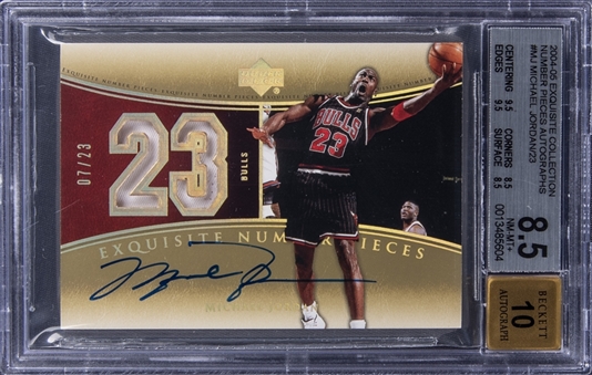 2004-05 UD "Exquisite Collection" Number Pieces Autographs #MJ Michael Jordan Signed Game Used Jersey Card (#07/23) – BGS NM-MT+ 8.5/BGS 10